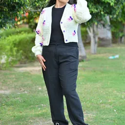 WINDROP SOLUTIONS Women Embroidered Crop Cardigan with Embroidered Detail image 1