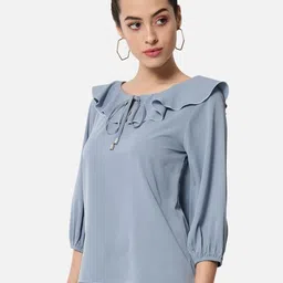 OTIRA Women Tie-Up Neck Ruffles Puff Sleeves Regular Crepe Top image 3
