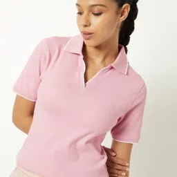 max Women Self Design Polo Collar Cotton T-shirt-image-85