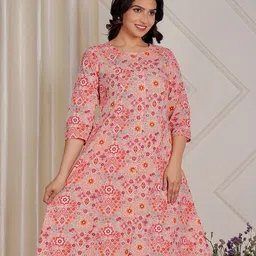 Aramya Geometric Printed Round Neck Panelled Soft Cotton A-Line Kurta image 2