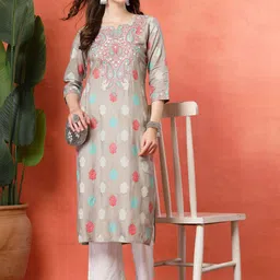 Sangria Floral Embroidered Notch Neck Straight Kurta-picture-35