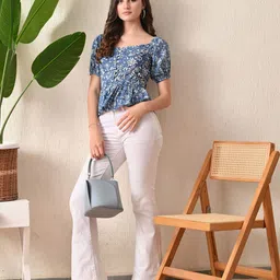 DECKEDUP Floral Print Off-Shoulder Puff Sleeve Indigo Cotton Blouson Crop Top image 5