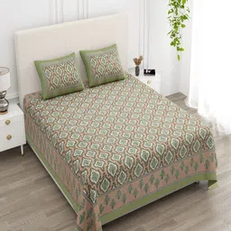 CHICERY Green & Peach-Coloured Floral 210 TC King Bedsheet with 2 Pillow Covers-image-12