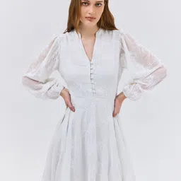COVER STORY Embroidered Puff Sleeve Georgette Fit & Flare Mini Dress-image-59