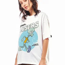 bewakoof Oversized Women Graphic Print Round Neck Pure Cotton White T-Shirt image 2