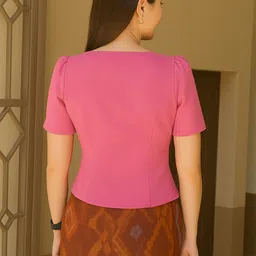 icevila Casual Puff Sleeves Solid Women Pink Top image 2