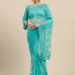 Mitera Turquoise Blue Embroidered Net Saree-image-15