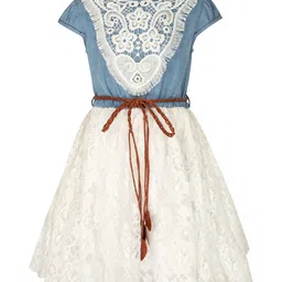 StyleStone Girls Blue Lace Denim Fit and Flare Dress-image-6