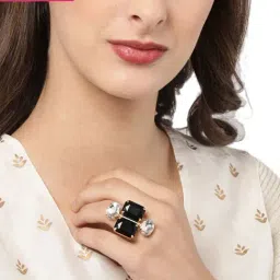 Zaveri Pearls Clear & Black Alloy Cocktail Ring - Set of 2-image-23