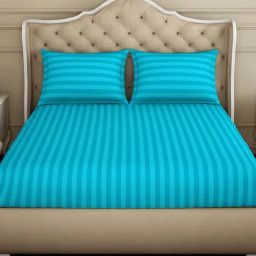 Spaces Stripes Blue Cotton Double Bedsheet with 2 Pillow Covers-picture-26