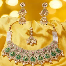 Zaveri Pearls Women Green Pink Stones Cluster Beads Drop Allow Jewellery Set-image-78
