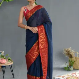 Suta Navy & Red Cotton Woven Saree Without Blouse-picture-23