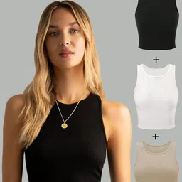 CILIMILI Women Pack of 3 Ribbed Round Neck Tank Crop Tops-picture-21