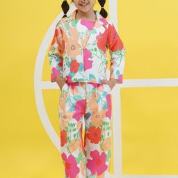 Aj DEZInES Girls Floral Printed Shoulder Straps Pure Cotton Top With Trousers & Blazer-picture-6