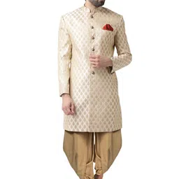kisah Men's Indo-Western Sherwani, Cream Silk Blend, Jacquard Regular Fit Long Sleeves Mandarin Collar image 1