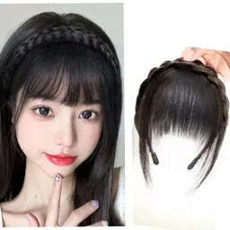 hair wala HAIR WALA™ Front Hair Bangs Fringe Hair Extensions Synthetic Fake Bangs Hair Neat Fringe Bangs with Double Row Braids Headband for Women Girls Bangs Hair (Color : Black) image 4