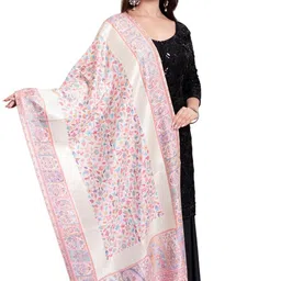 pashgiri Winter Wear Embroidered Outwear Silk Blend Floral Printed White Shawls For Women's (28 x 80 Inches) image 1