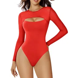 xivir Womens Sheer Bodysuit Double Lined Long Sleeve Bodysuits Round Neck Shirt Going Out Tops for Women image 1