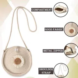 Women's Round(Gol) Jute Sling Bag with Pompom, Girls Shoulder Purse, | Girls Round Sling BagJute Handbag,Small Shopping Bag For Women,Ladies Shoulder Purse,small Handbag(Cream) image 4