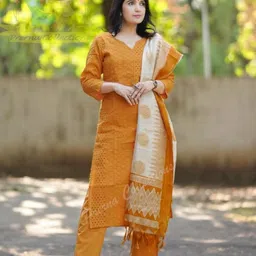 Women's Mustard Yellow Schiffli Embroidery Kurta Set with Handloom Khadi Silk Dupatta (Cotton Fabric, Comfortable Fit) image 2