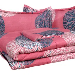 VAS COLLECTIONS 350TC Glace Floral Cotton AC Comforter Set King Size Double Bed with 1 Flat bedsheet & Two King Pillow Covers, 4 Pieces Bedding Set (90x90 inch, Pink & Light Green) image 1