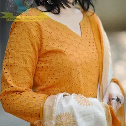 Women's Mustard Yellow Schiffli Embroidery Kurta Set with Handloom Khadi Silk Dupatta (Cotton Fabric, Comfortable Fit) image 4