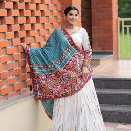 jasani's enterprise Fancy Real Mirror Work Faux Silk Readymade Lehenga Set For Women Digital Print With Embroidery,Multicolour image 4