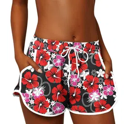 for g and pl Womens Summer Elastic Waistband Beach Short Sports Causal Boardshort with Drawstring Red Floral XL image 3
