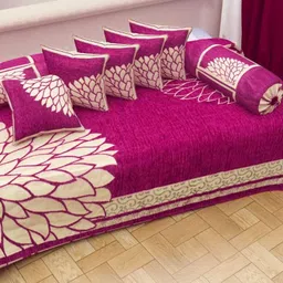 FRESH FROM LOOM Chenille Floral 500 TC Diwan Set Pink - 1 Single Bedsheet with 2 Bolster Covers and 5 Cushion Covers (8pc Set) image 1