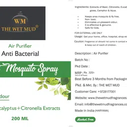 WM-The Wet Mud Anti Mosquito Spray Plus Air Purifier- 200 ml | Alcohol Free image 4