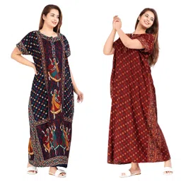 homezilla Nighty for Women Cotton Combo (Pack of 2 Pcs) Nighty Gown Floor Length Round Neck Short Sleeves Jaipuri Maxi Gown Free Size image 1