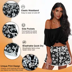 for g and pl Womens Summer Causal Beach Short With Drawstring Elastic Waistband Sports Boardshort Black Floral M image 4