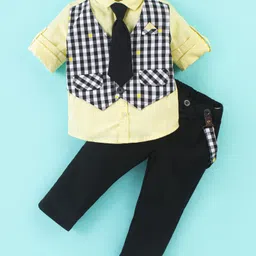 ToffyHouse Cotton Full Sleeves Checkered Party Suit with Bow Tie - Lemon Yellow & Black-picture-17