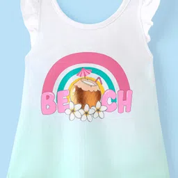 Babyhug 100% Cotton Knit Frill Sleeves Top Beach Theme With Foil Print -White & Light Green-image-13