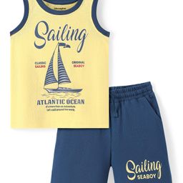 Honeyhap Premium 100% PremiumCotton Knit Sleeveless Shorts SetsWith Bio Finish - Sun Shine & Sailor Blue-picture-1