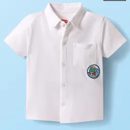 Babyhug Cotton Knit Half Sleeves Shirt With Dino Embroidery - White-picture-19