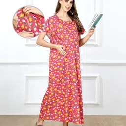 Bella Mama Cotton Knit Half Sleeves Floral Printed Maternity Nursing Nighty - Dark Pink-picture-40