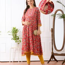 Bella Mama 100% Viscose Woven Three Fourth Sleeves Maternity Kurta With Embrodiered Yoke & Floral Print - Red-picture-37