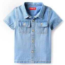 Babyhug 100% Cotton Half Sleeves Denim Shirt With Back Text Print - Blue-image-59