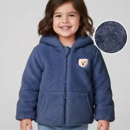 Babyhug Woven Full Sleeves Hooded Winter Jacket With Teddy Bear Embroidery & Kangaroo Pockets - Navy Blue-picture-22