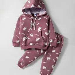 Teddy Fleece Knit Full Sleeves Hooded Winter Wear Suit Set With Kangaroo Pockets & Vehicle Print - Rose Gold image 1