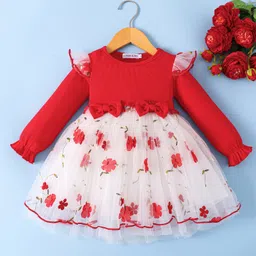 Mark & Mia Full Sleeves Party Dress With Floral Embroidery & Bow Applique - Red & White-picture-21