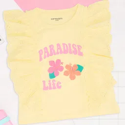 Pantaloons Junior 100% Cotton Knit Sleeveless Paradise Text Printed Top - Yellow-picture-27