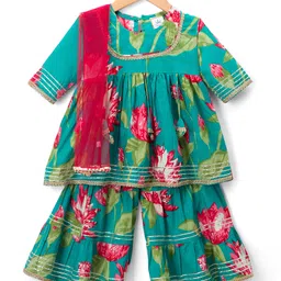 teentaare Teentare Cotton Woven Three Fourth Sleeves Kurta Sharara & Dupatta Set With Floral Print - Turquoise-picture-22