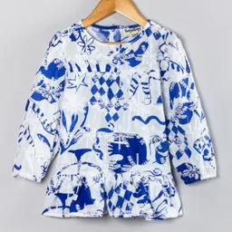 Hugsntugs Cotton Woven Full Sleeves Floral Embroidery With Abstract Printed Top - White & Blue-picture-18
