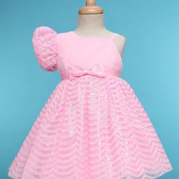 Babyhug Woven Half Sleeves Party Dress With Bow Corsage & Sequin Design- Pink image 2