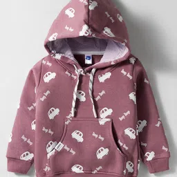 Teddy Fleece Knit Full Sleeves Hooded Winter Wear Suit Set With Kangaroo Pockets & Vehicle Print - Rose Gold image 2