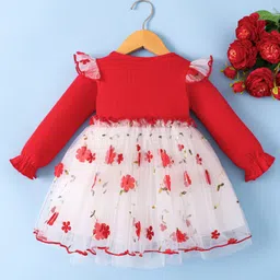 Mark & Mia Full Sleeves Party Dress With Floral Embroidery & Bow Applique - Red & White image 2
