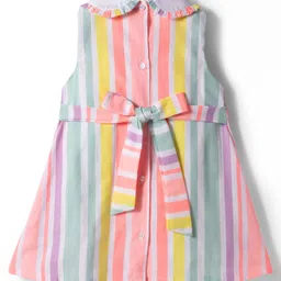 ToffyHouse Cotton Woven Sleeveless Frock With Stripes & Bow Applique - Pink & Light Green image 2