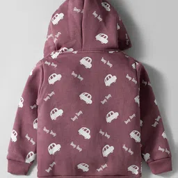 Teddy Fleece Knit Full Sleeves Hooded Winter Wear Suit Set With Kangaroo Pockets & Vehicle Print - Rose Gold image 3